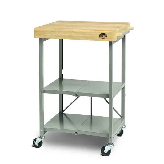 Wooden top kitchen cart with metal shelves on a white background