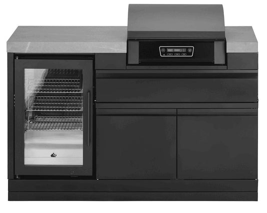 Grandpro E2 outdoor kitchen showing built-in refrigerator and storage cabinet with sintered stone countertop