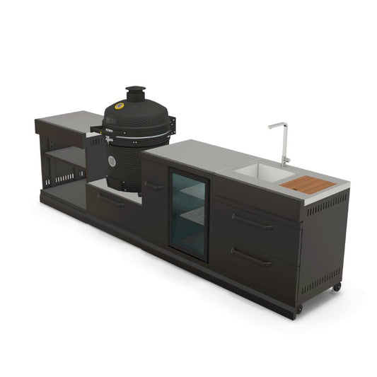 GRLLR Connect outdoor kitchen Ember Pro 22" Kamado with fridge sink and modular workspaces