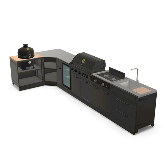 GRLLR Connect outdoor kitchen with G5S 5 burner BBQ, stove, fridge, sink and kamado unit in anthracite finish