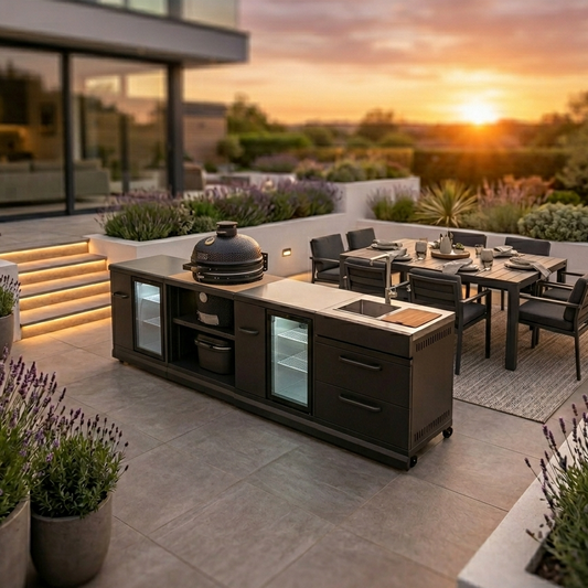 GRLLR Connect Outdoor Kitchen – Ember Classic 18 Inch Kamado with Fridge & Sink in luxury UK patio setting