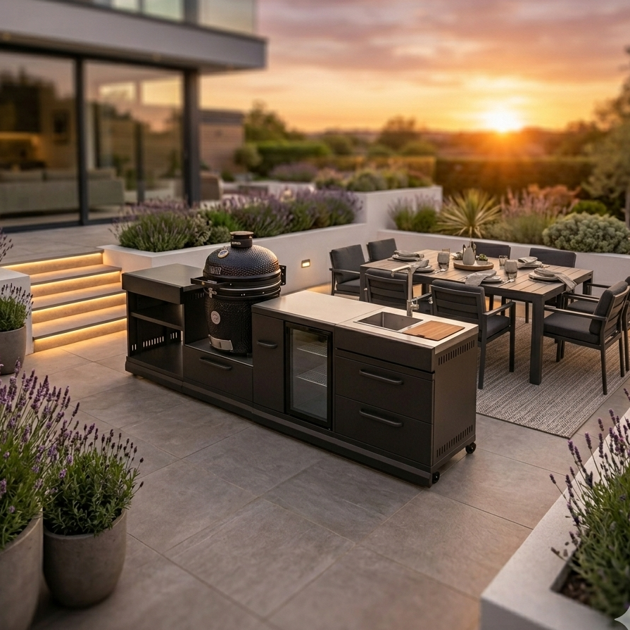 GRLLR Ember Pro 22 Inch Kamado Grill in luxury alfresco UK setting