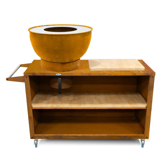 HEAT Trolle multifunctional outdoor kitchen with grill, griddle, and storage in rust