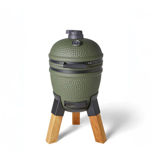 Moddern Kamado ceramic BBQ with hardwood pedestal in matte olive green