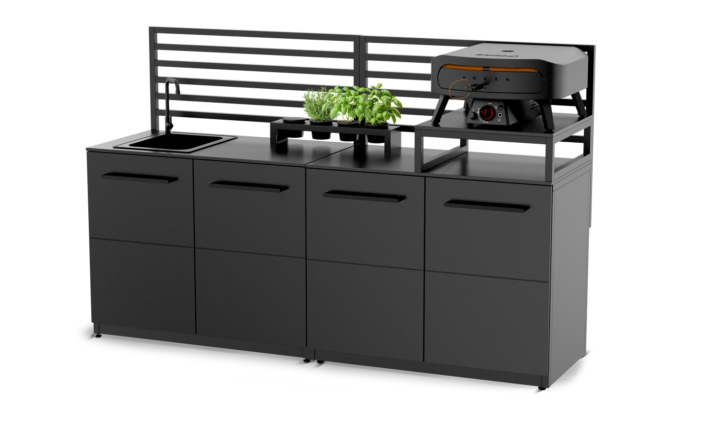 Cozze Black outdoor kitchen island with drawers, sink, and small appliances on a white background