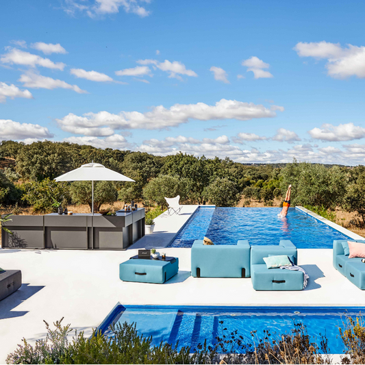 conmoto TICINO Kitchen outdoor modular setup with Block D Grill in HPL in patio setting