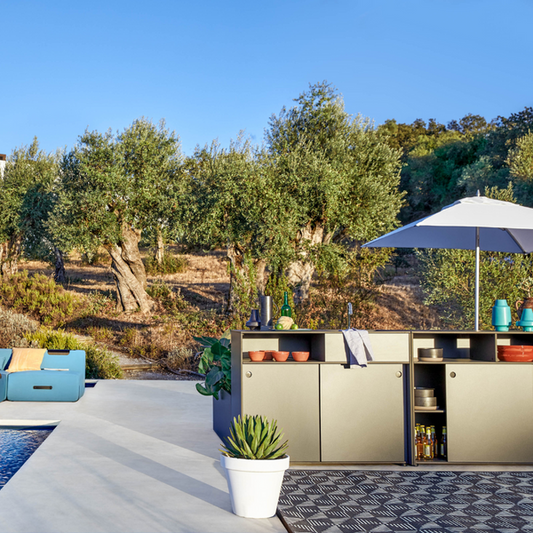 conmoto TICINO Kitchen outdoor modular setup with Block D Grill in HPL in outdoor pool