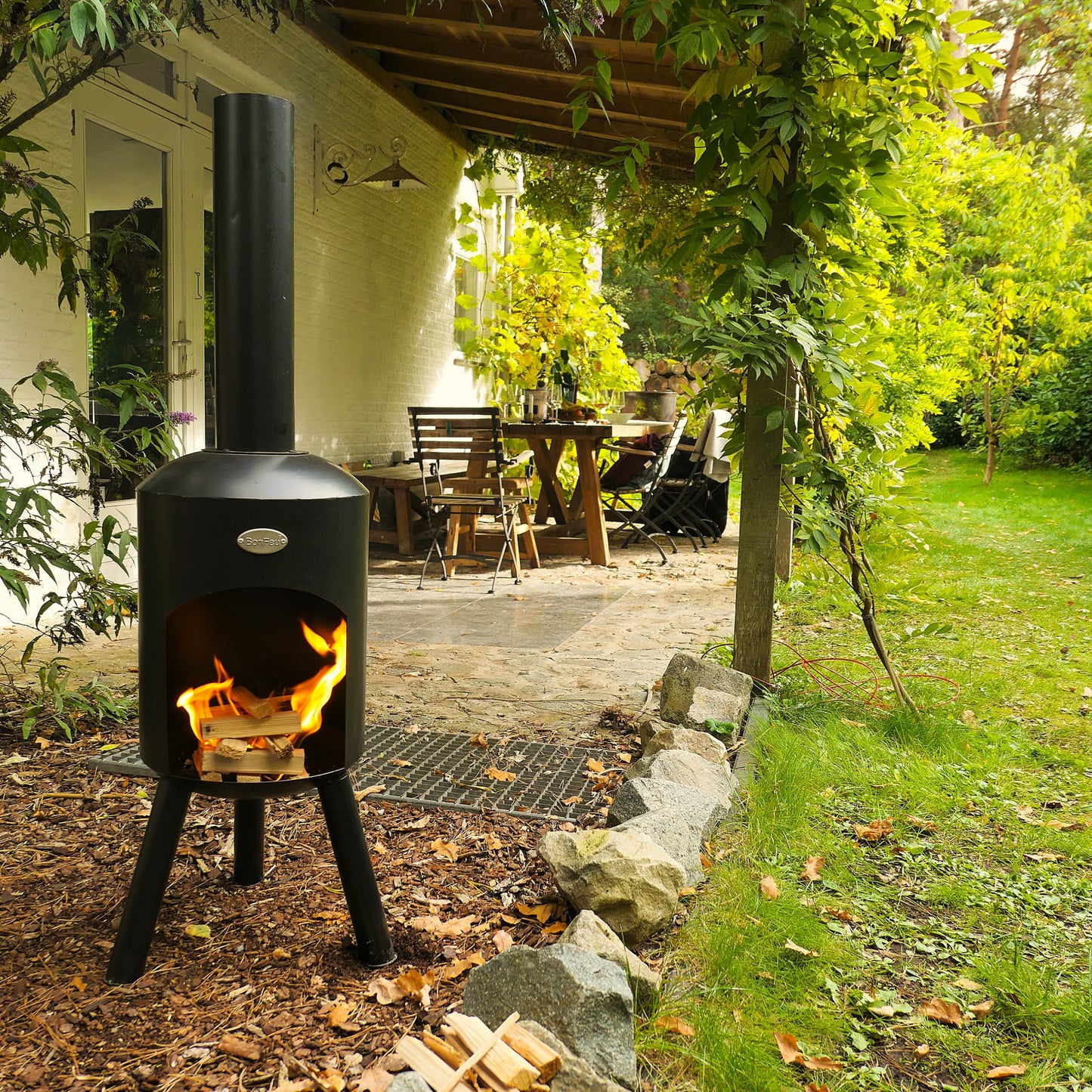 BonBini fireplace with slow-heating steel cone and robust design