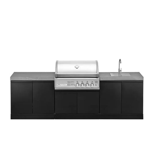 GrandPro 272 outdoor kitchen showing integrated fridge sink and storage cabinets with sintered stone worktop