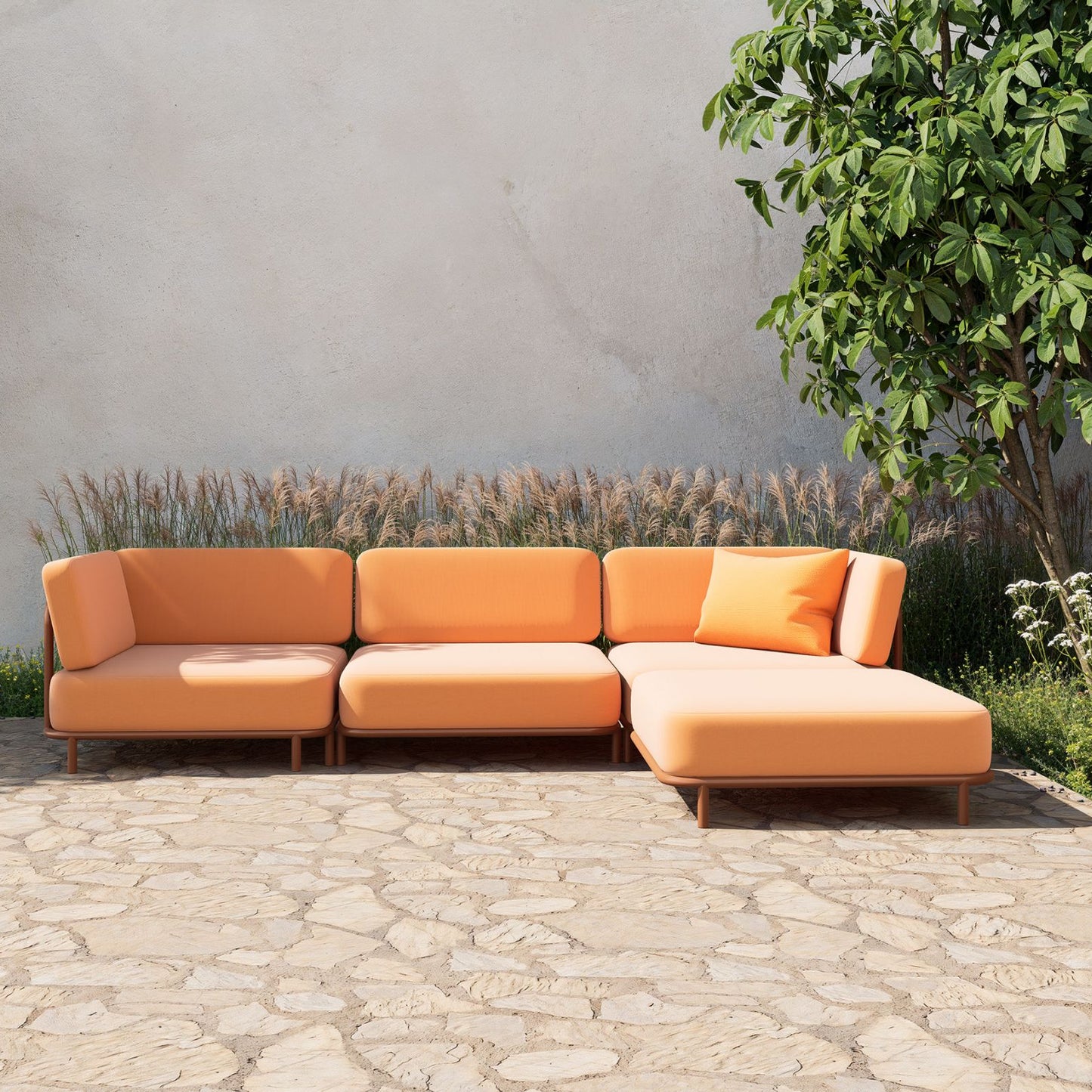 Modern patio seating module with deep cushions