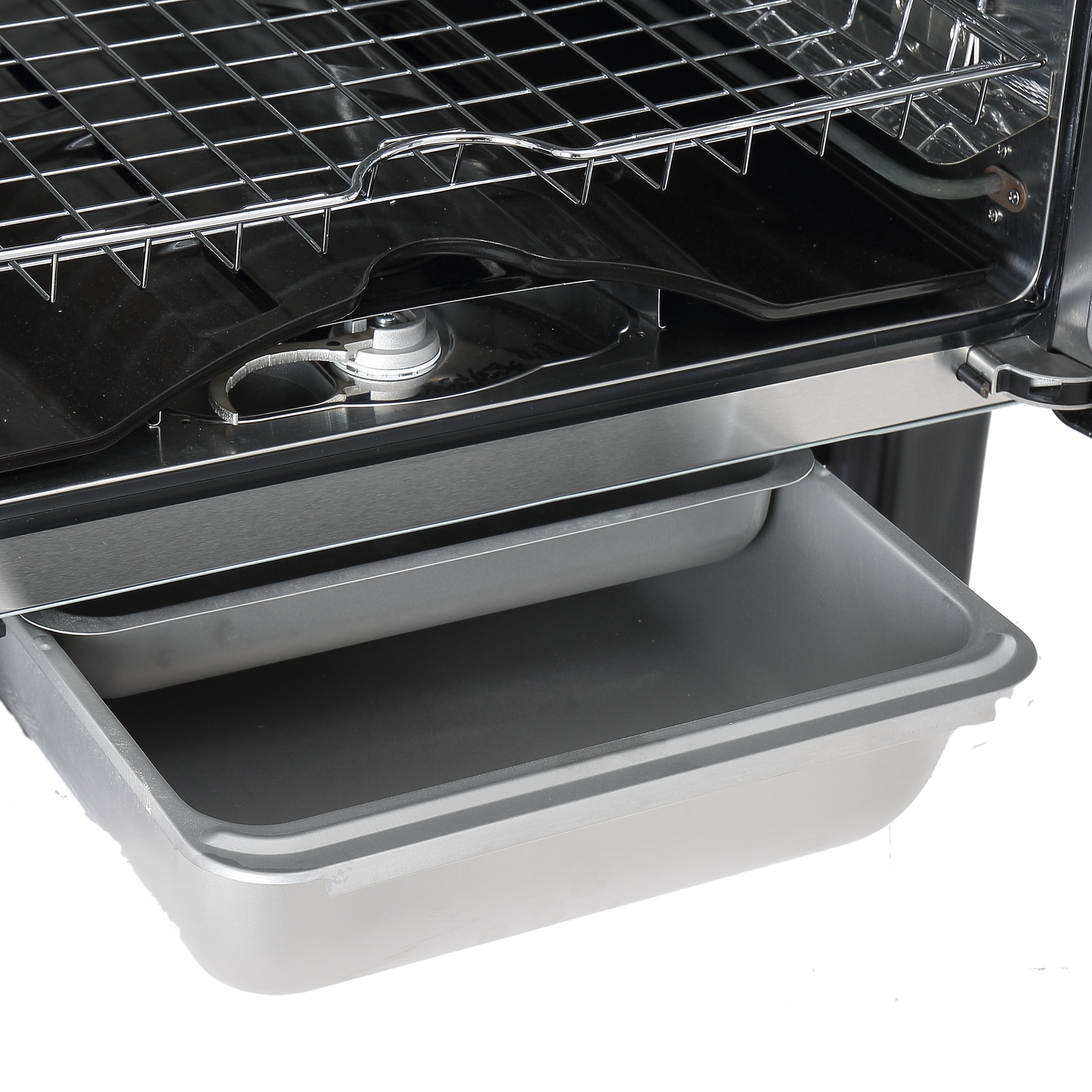 Stainless steel grill with open lid showing interior components on a white background