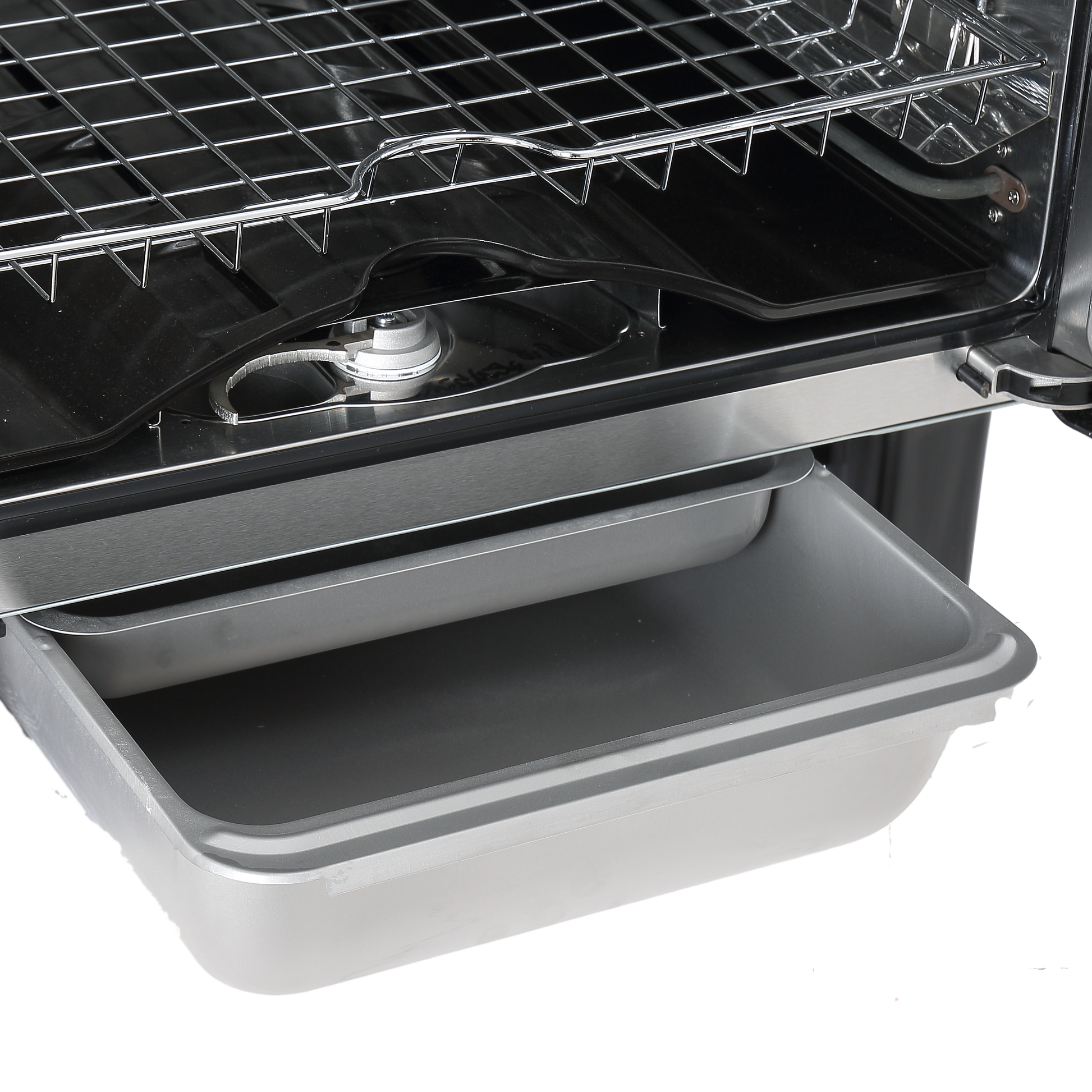 Stainless steel grill with open lid showing interior components on a white background