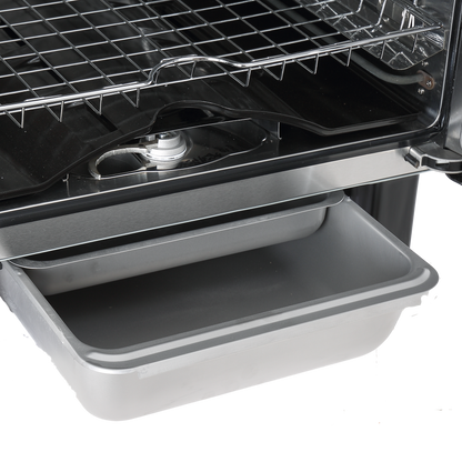 Stainless steel grill with open lid showing interior components on a white background