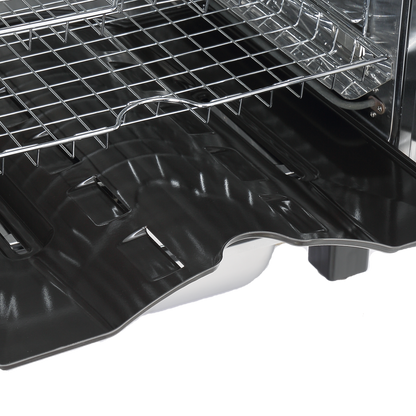 Open oven with racks and a black interior lining.