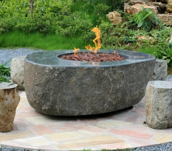 Elementi Chester granite boulder fire pit natural stone outdoor heating