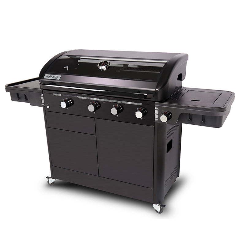 HALMO BBQ control knobs burners cast iron grill surface detail