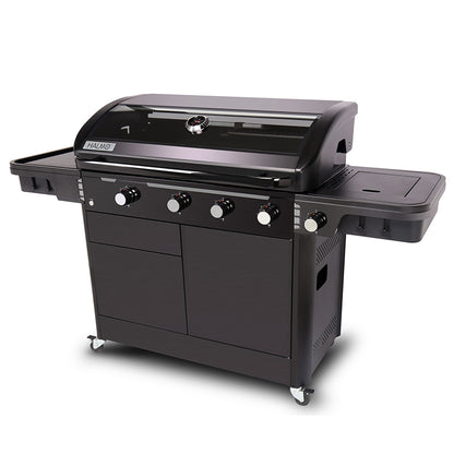HALMO BBQ control knobs burners cast iron grill surface detail