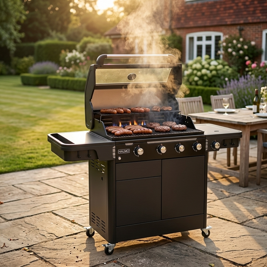 HALMO gas BBQ cooking outdoor garden large grill entertaining setup