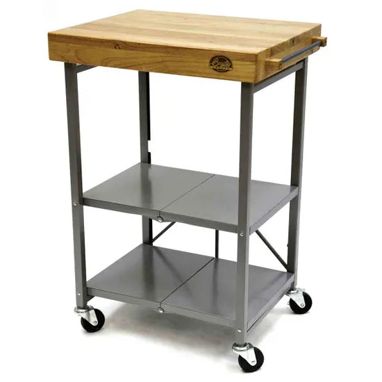 Wooden top kitchen cart with metal shelves on a white background