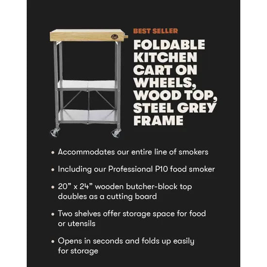 Foldable kitchen cart with wood top and steel grey frame on a black background with text.