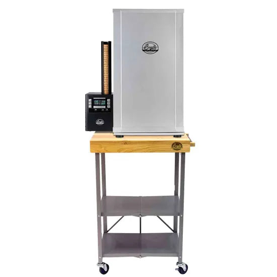 Smoker on a stand with a digital display on a white background