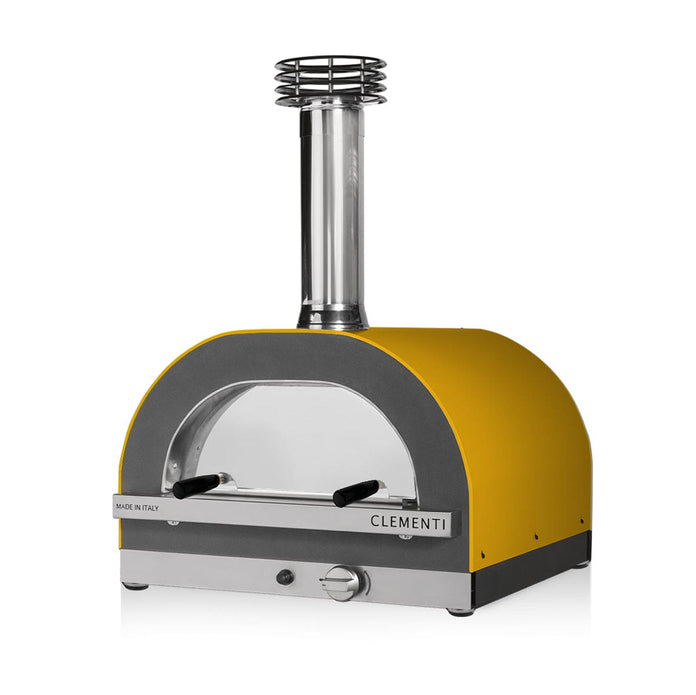 Yellow and gray pizza oven with 'Clementi' branding on a white background
