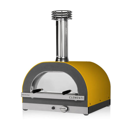 Yellow and gray pizza oven with 'Clementi' branding on a white background