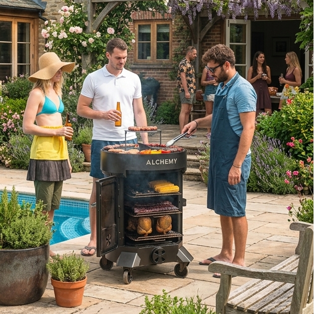 Alchemy BBQ cooking steak live fire charcoal grill outdoor kitchen setup