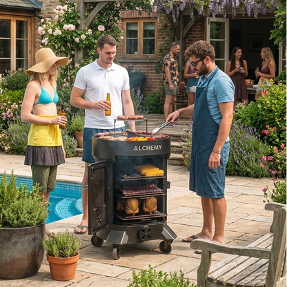Alchemy BBQ cooking steak live fire charcoal grill outdoor kitchen setup