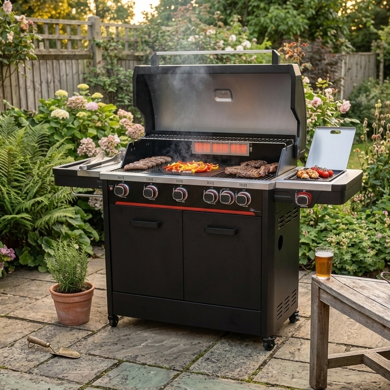 Atom Grills Byron 5 Burner Gas BBQ with side burner, infrared rear burner, cast iron grills and FREE BBQ cover
