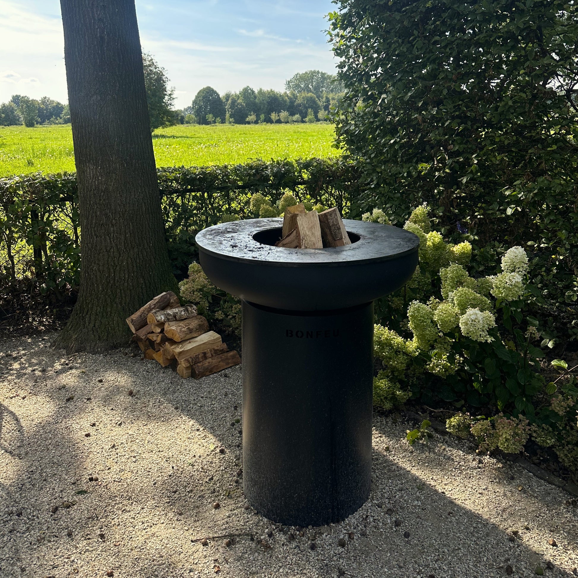 Black outdoor fire pit with wood logs in a garden setting with trees and fields