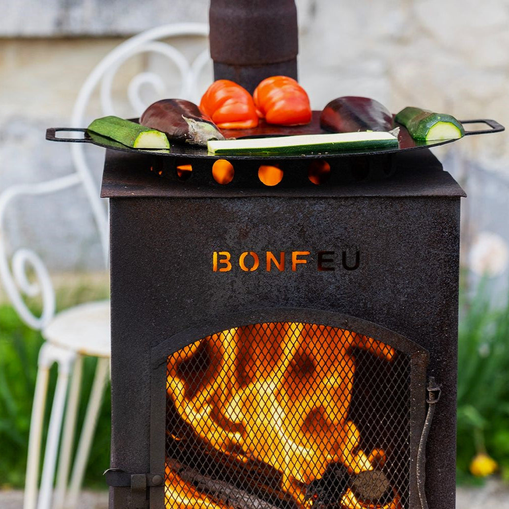 Outdoor grill with vegetables over a fire, branded 'BONFUE', in a garden setting.