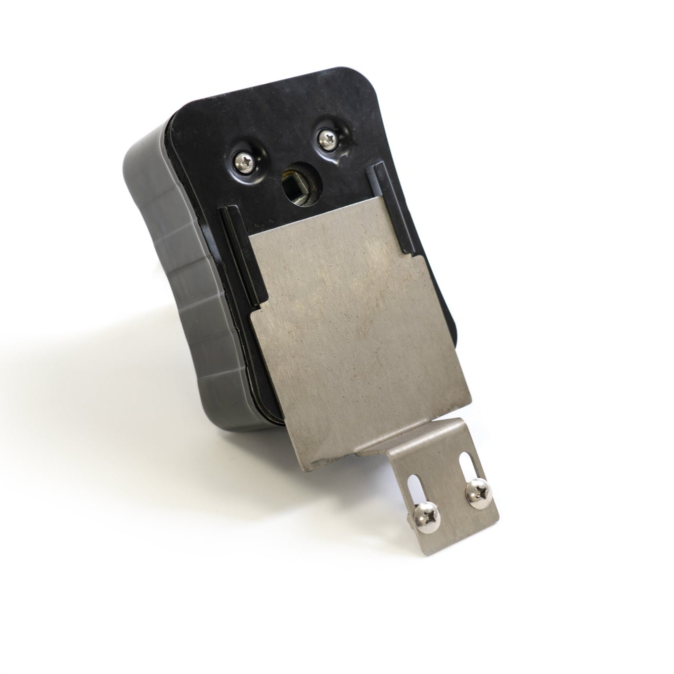 Black and silver electronic device on a white background