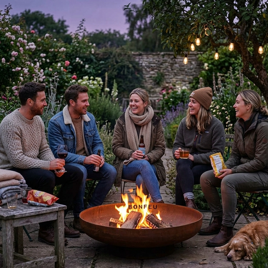 BonFeu BonBowl fire bowl with BonPlancha grill in UK garden