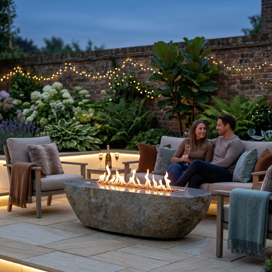 Elementi Burning Rock granite boulder fire pit luxury outdoor heating