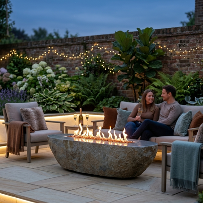 Elementi Burning Rock granite boulder fire pit luxury outdoor heating