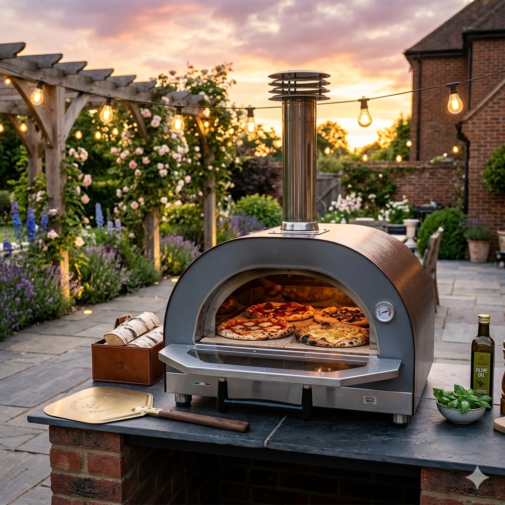 Clementi dual fuel pizza oven cooking pizza outdoor entertaining garden