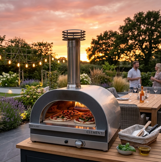 Clementi premium gold dual fuel pizza oven cooking 4 pizzas outdoor entertaining garden