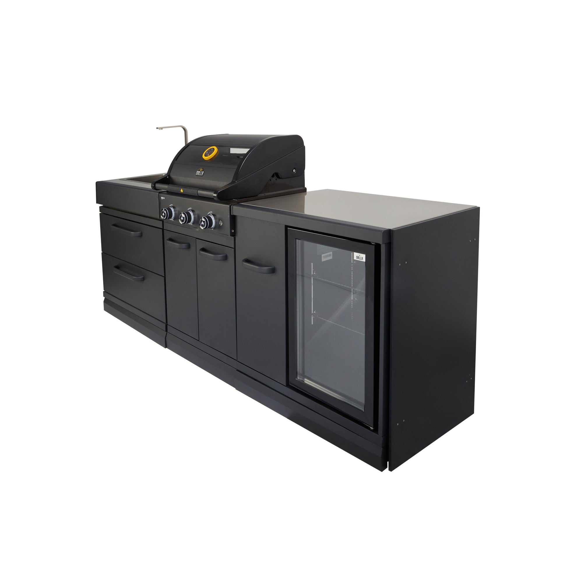 GRLLR Connect outdoor kitchen with 3 burner gas BBQ fridge and stainless steel sink
