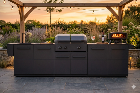 Outdoor kitchen setup with grill, sink, and pizza oven under a wooden pergola at sunset.