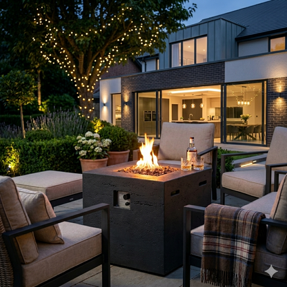 Elementi fire table concrete finish burner and lava rock detail