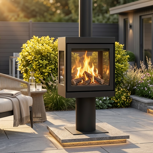 Contemporary outdoor Firebloom Fresco fireplace with pedestal base and chimney flue
