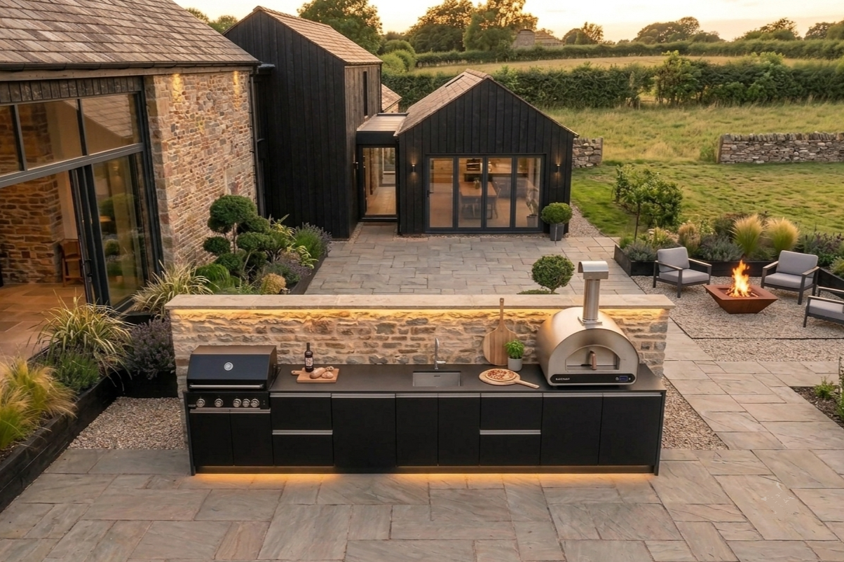 Italian-designed Fontana Ignes outdoor kitchen with integrated BBQ, sink and pizza oven