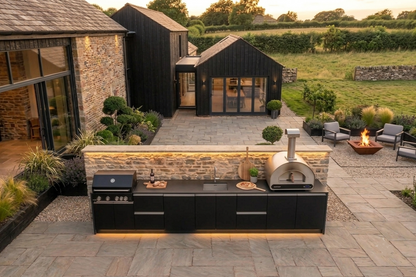 Italian-designed Fontana Ignes outdoor kitchen with integrated BBQ, sink and pizza oven
