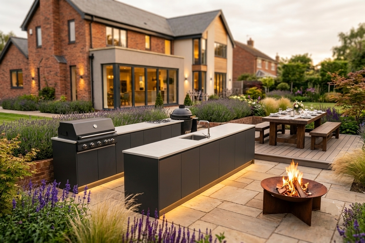 Premium Italian outdoor kitchen with 5-burner gas BBQ and kamado in a contemporary UK garden
Large modular Fontana Ignes outdoor kitchen with BBQ, kamado, gas hob and integrated refrigeration