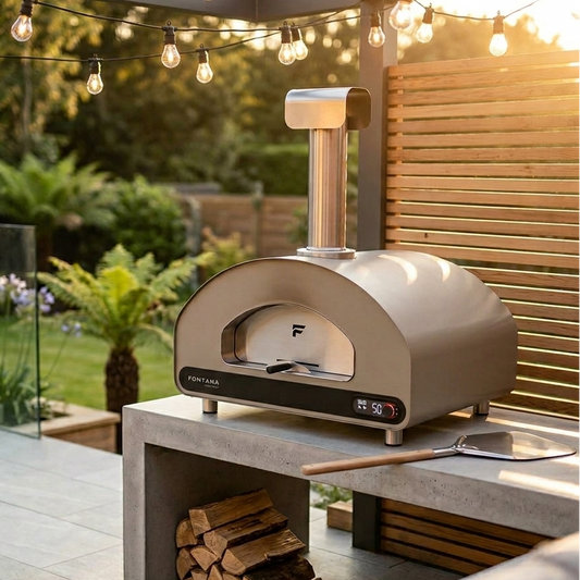 Fontana Volta  Wood-fired pizza oven on a patio with outdoor setting