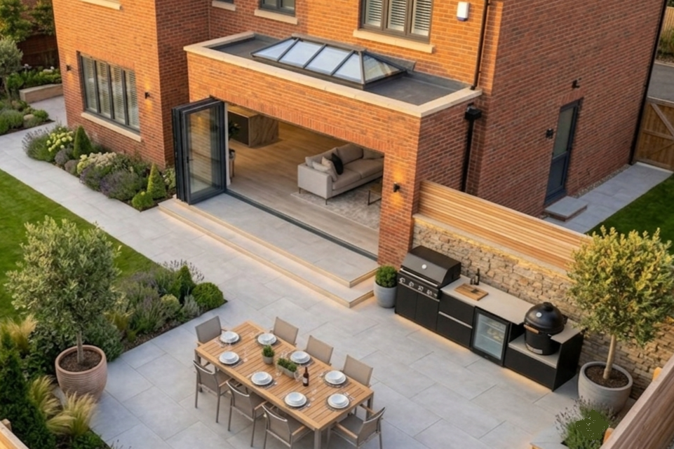 Outdoor entertaining space featuring a Fontana Ignes kitchen, dining area and fire pit