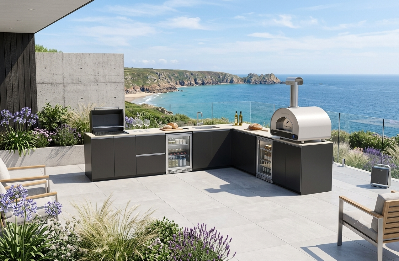 L-shaped Fontana Ignes outdoor kitchen featuring a charcoal BBQ, pizza oven, sink and integrated outdoor fridges
