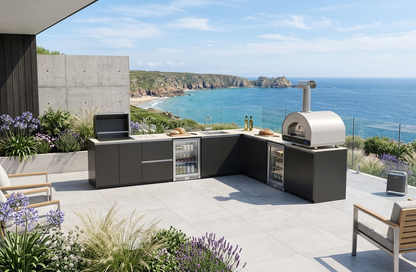 L-shaped Fontana Ignes outdoor kitchen featuring a charcoal BBQ, pizza oven, sink and integrated outdoor fridges