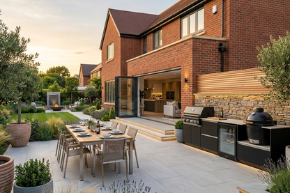 Fontana Ignes Essential outdoor kitchen with 4 burner gas BBQ, ceramic kamado, outdoor fridge and storage in a contemporary UK garden